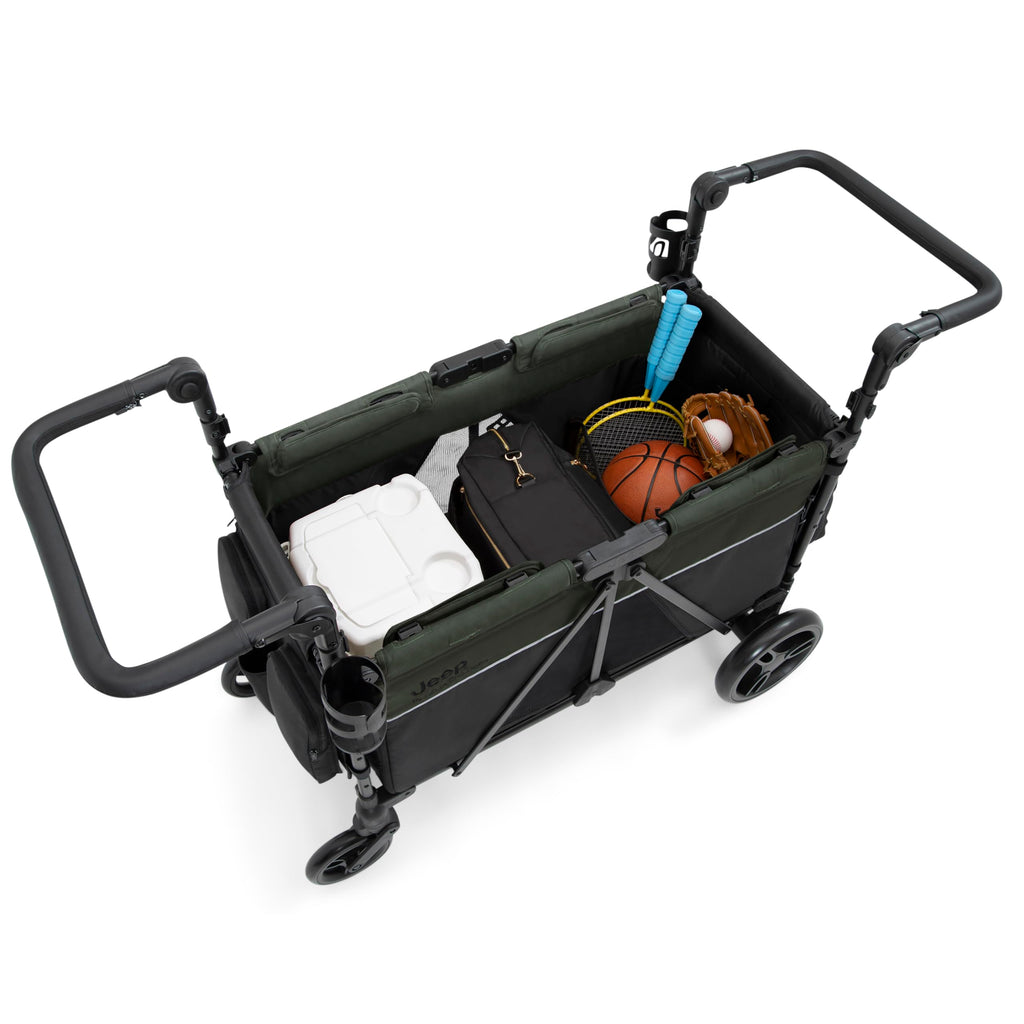 Jeep Aries Stroller Wagon by Delta Children Premium Wagon for 2 Kids with Convertible Seats, Adjustable Push/Pull Handles, Removable Canopy & Flat Fold - Greenguard Gold Certified, Black/Green