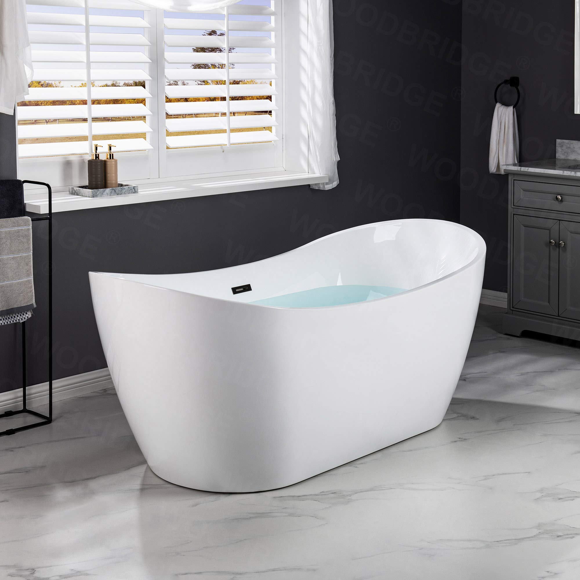 WOODBRIDGE 71" Acrylic Freestanding Bathtub Contemporary Soaking Tub , White Acrylic ( Matte Black Drain/Overflow),B0017 MB Drain &O