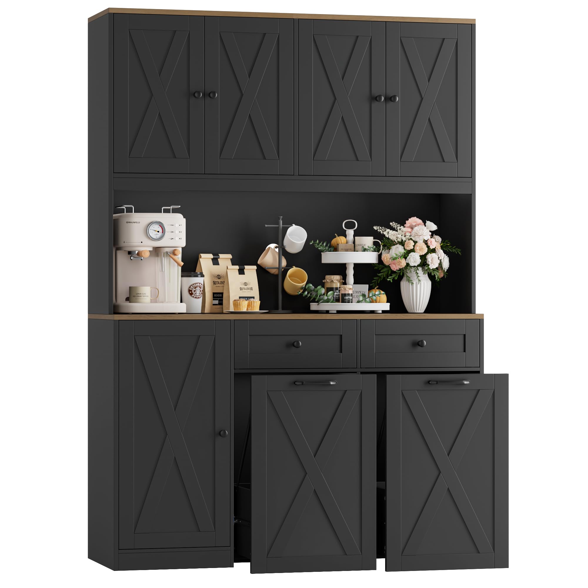 HOSTACK 71" H Kitchen Trash Can Hutch Cabinet, 12.5 Gallon Double Pull Out Garbage Can Hutch Cabinet with Trash Bin Storage Holders, 47" Wide Kitchen Pantry with Hidden Garbage Storage, Black