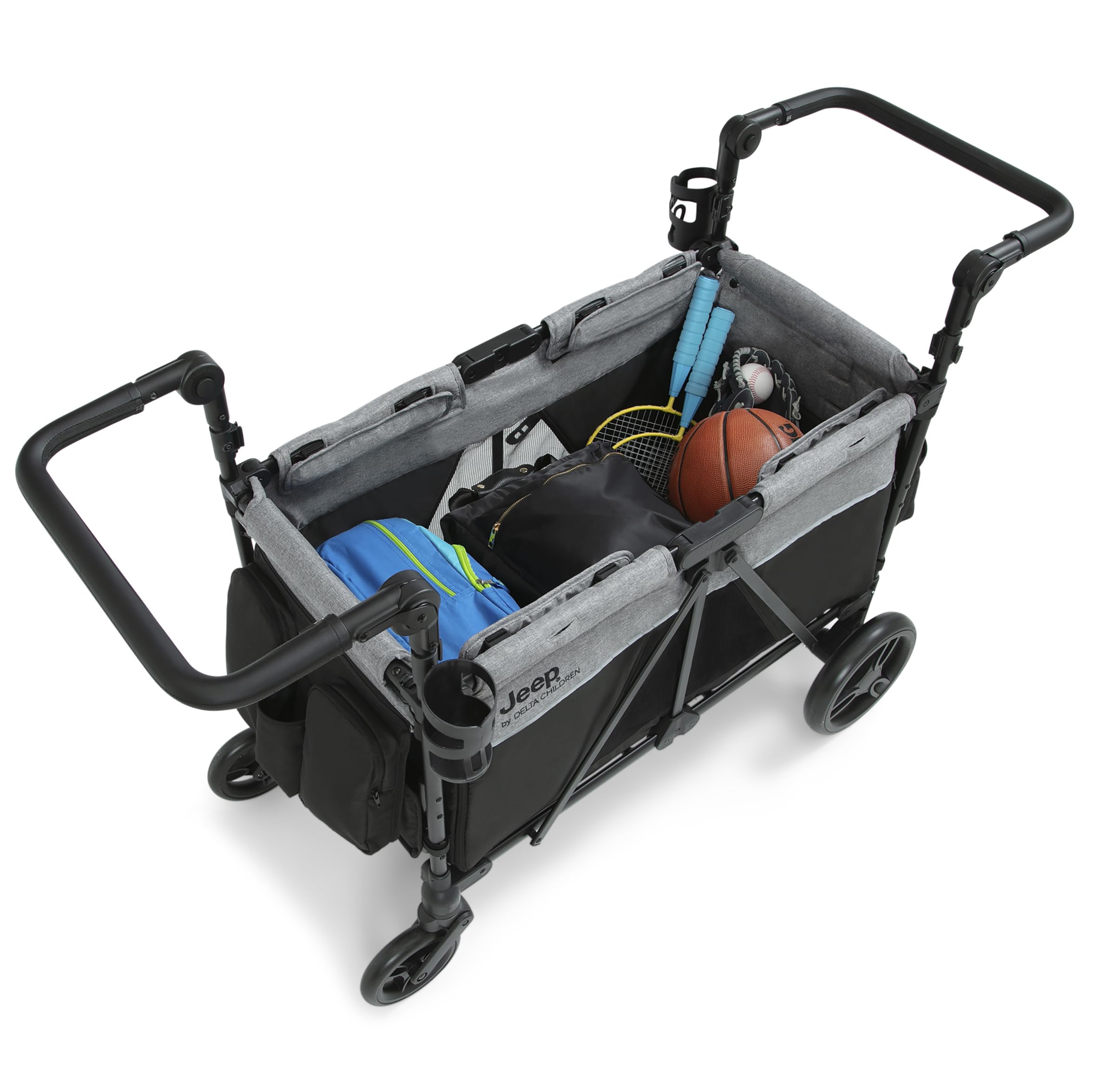 Delta Children - Jeep Aries Stroller Wagon - Premium Wagon for 2 Kids with Convertible Seats, Adjustable Push/Pull Handles, Removable Canopy & Flat Fold - Greenguard Gold Certified, Grey