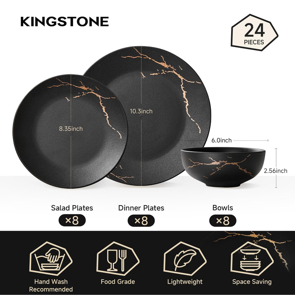 KINGSTONE Porcelain Dinnerware Sets for 8 | 24 Piece Plates and Bowls Sets Kitchen Dishes Scratch Resistant Matte Black Gold Vein Dinner Salad Plate Dishware for Party Daily Wedding