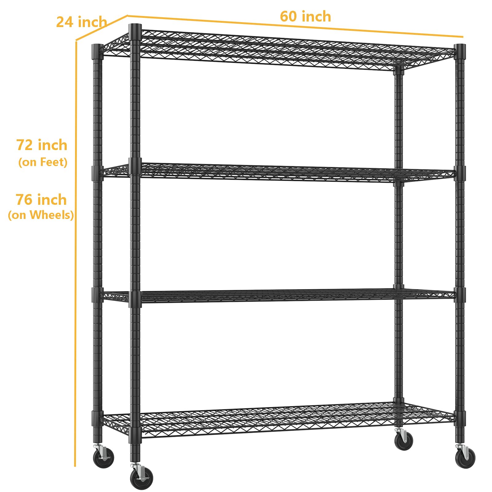 Himimi Storage Shelves 60" W Wire Shelving with Wheels 2600LBS Heavy Duty Metal Shelves for Storage, 4-Tier Adjustable Wire Rack Shelving Garage Shelving Kitchen Storage Shelves 24" Dx60 Wx72H, Black