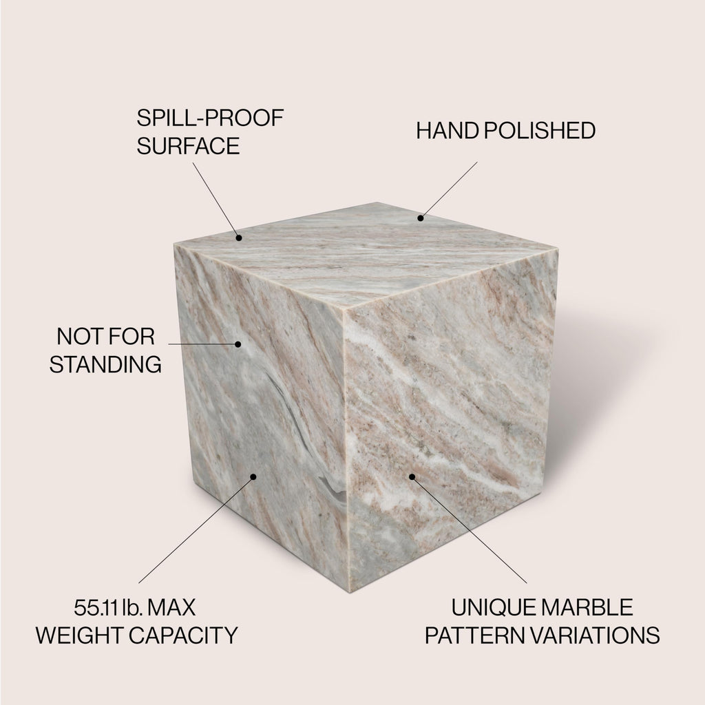 JONATHAN Y Felix 15" Solid Marble Cube End Table, Natural Stone Square Block Side Table for Living Room, Modern Glossy Pedestal Accent Table, Fully Assembled MTB1101A