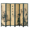 MyGift Decorative 6 Panel Folding Room Divider Bamboo Screen with Chinese Calligraphy Design, 6FT Freestanding Floral Artwork Room Partitioner with Black Wood Frame 94.5''W x 69''H