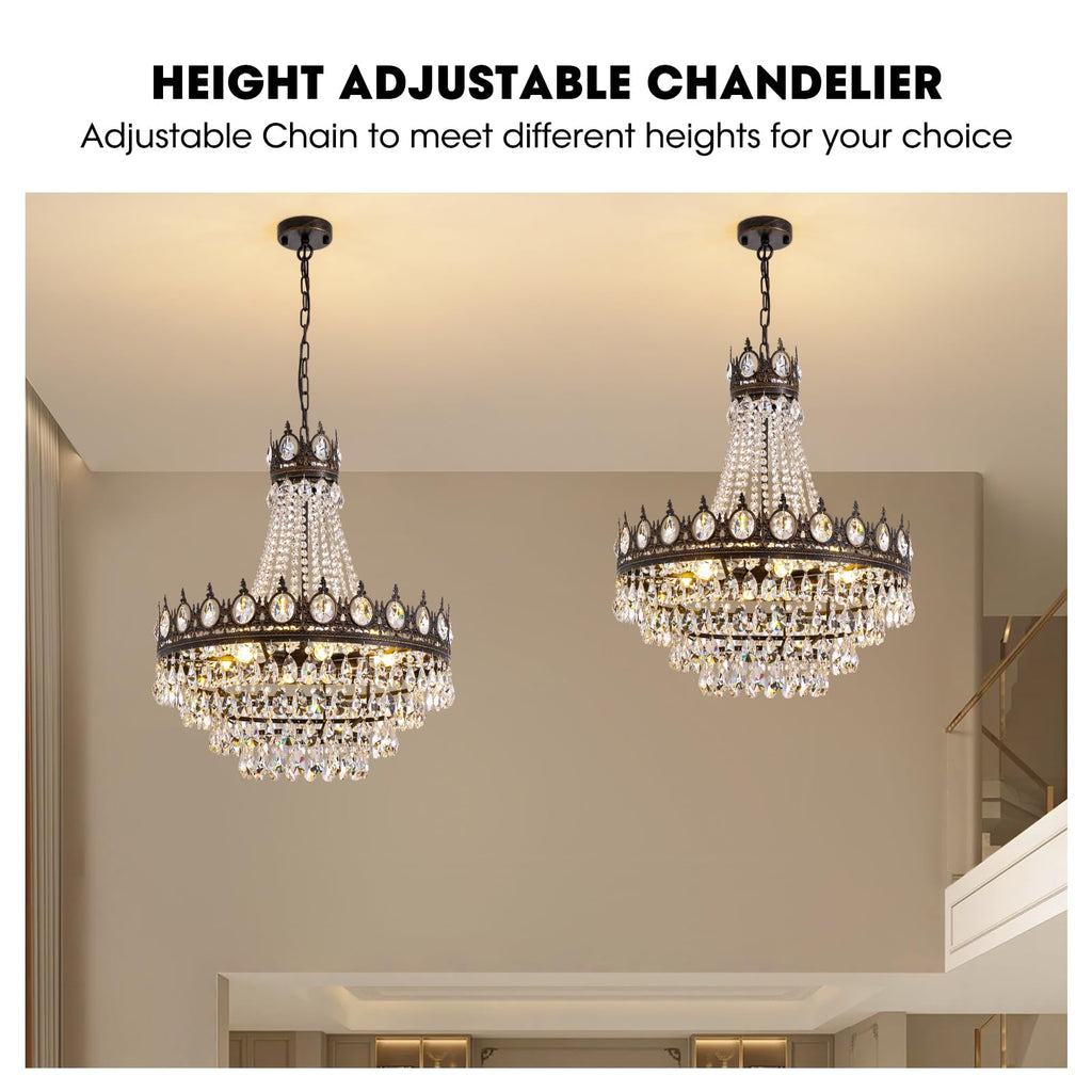 7PM French Empire Crystal Chandeliers, Vintage Crystal Chandelier, Antique Bronze Chandelier, Rustic Farmhouse Ceiling Light Fixture for Dining Room Bedroom Living Room Kitchen Foyer, W 24"