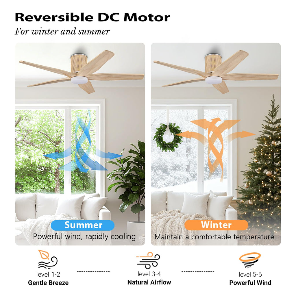 LEDLUX 54" Ceiling Fan with Light - Low Profile Flush Mount Ceiling Fan, 6-Speed Remote Control, Solid Wood, Quiet Reversible DC Motor, Wood/White Finish, for Bedroom, Living Room, Porch