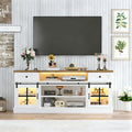Garvee Farmhouse TV Stand for 80" TVs, Media Console Table with 2 Drawers, Power Outlets, Led Light, Barn Doors, Entertainment Center with Adjustable Shelves for Home Office, 66" w, White+Brown Top