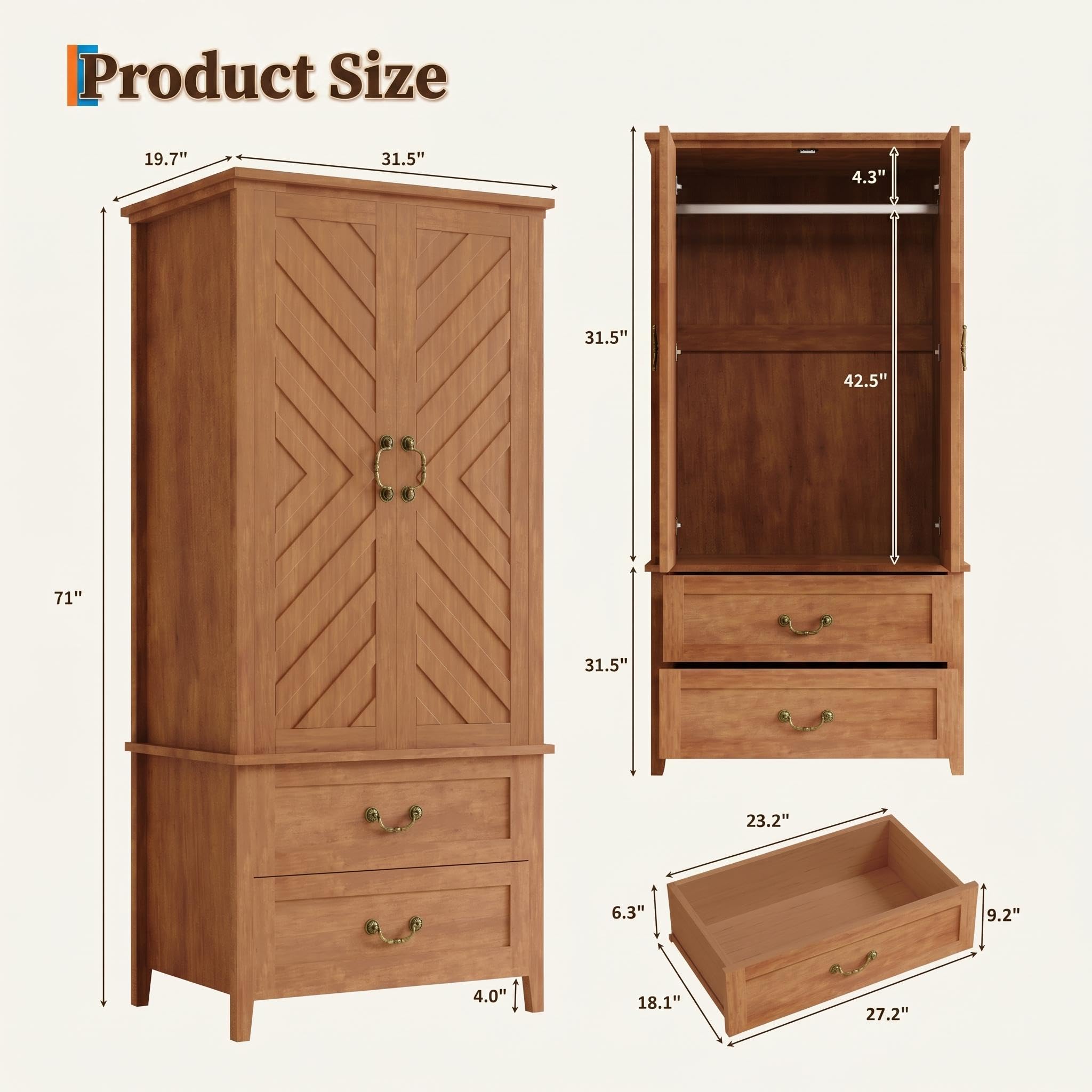 IDEALHOUSE Farmhouse Armoire Wardrobe Closet with Drawers, 71" Tall Freestanding 2 Door Armoire Wardrobe Storage Cabinet with Hanging Rod, Wooden Colthing Closet, V Shape, for Bedroom, Retro Brown