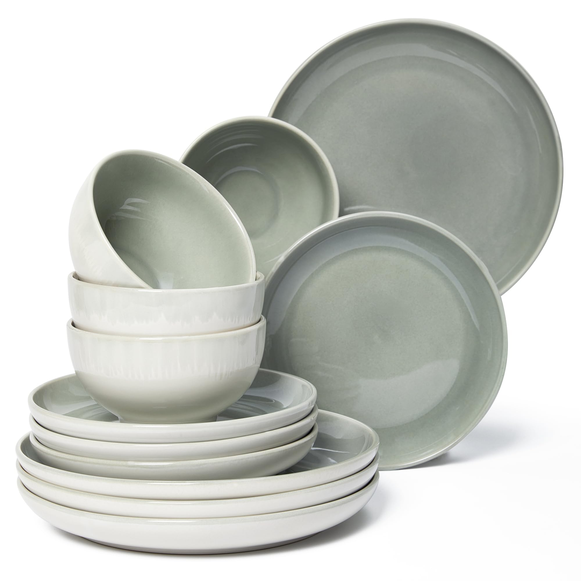 Pokini Stoneware Dinnerware Sets Service for 12, 36 pcs Reactive Glaze Plates and Bowls Sets, Handmade Ceramic Dish Set, Highly Chip and Crack Resistant Modern Plate Set, Gradient Green