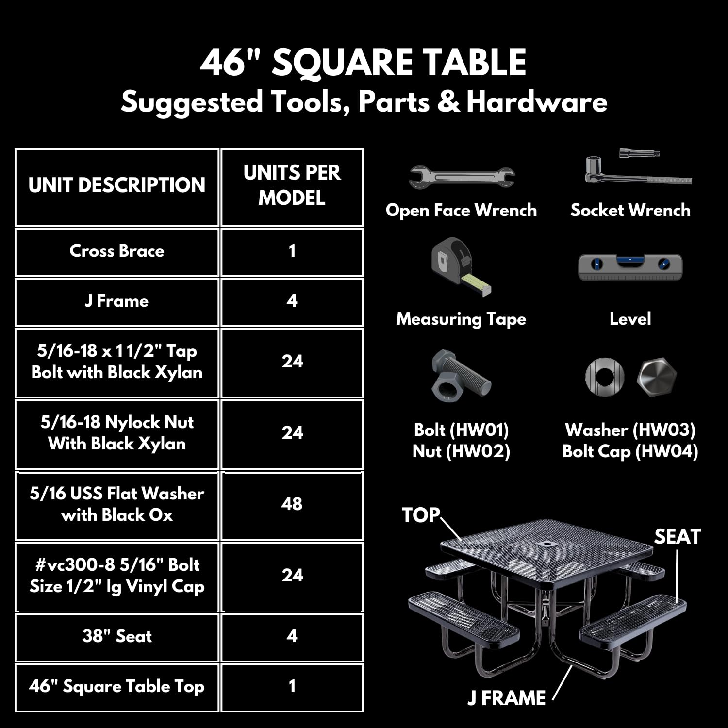 COATEDOUTDOORFURNITURE Heavy-Duty Portable Outdoor Picnic Table with Umbrella Hole, Expanded Metal Commercial-Grade Patio Dining Furniture Made in America (46" Square Top, Textured Black)