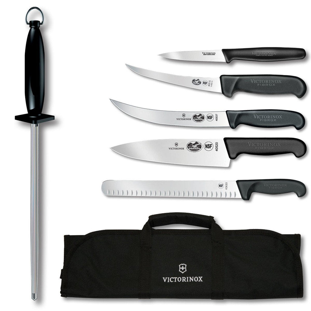 Victorinox Swiss Army 7-Piece Natural Competition BBQ Set with Black Fibrox Pro Handles and Knife Roll (46135US2)