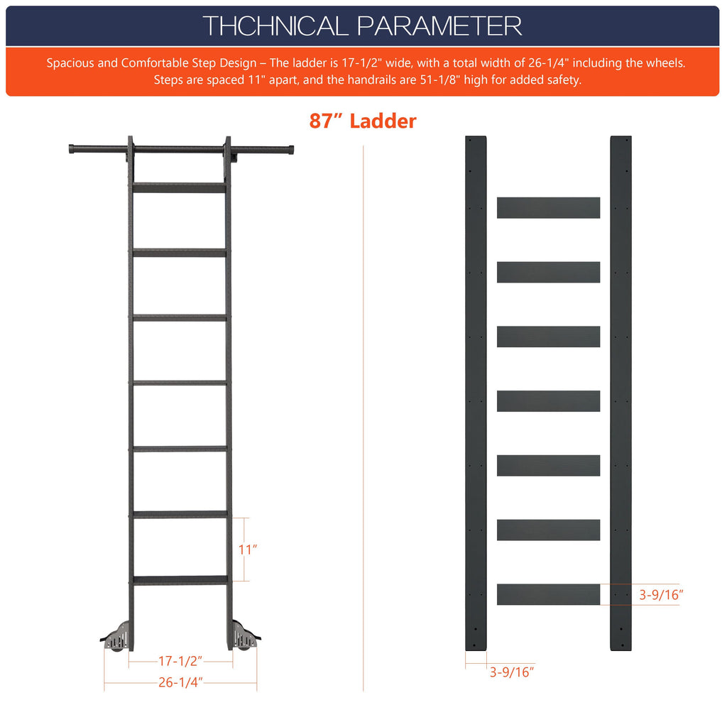 HARDJULAN 87" Black Sliding Library Ladder with 3.3FT Hook Track – Lightweight Aluminum Rolling Ladder with Braking Wheels, Space-Saving Rail Mounted Ladder System for Home Library, Closet & Storage