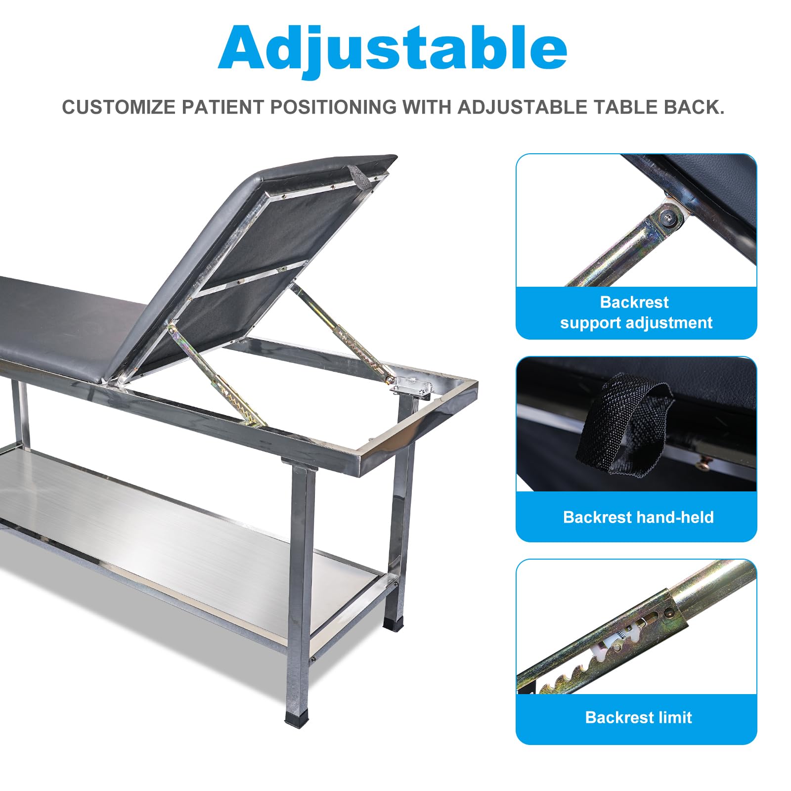 GuangzhuBS Advanced Examination Bed with Lower Storage Compartment and Paper roll Dispenser - Inspection Table/Adjustable backrest/Stirrups/Black/Stainless Steel,Maximum Weight Capacity: 480 lbs.