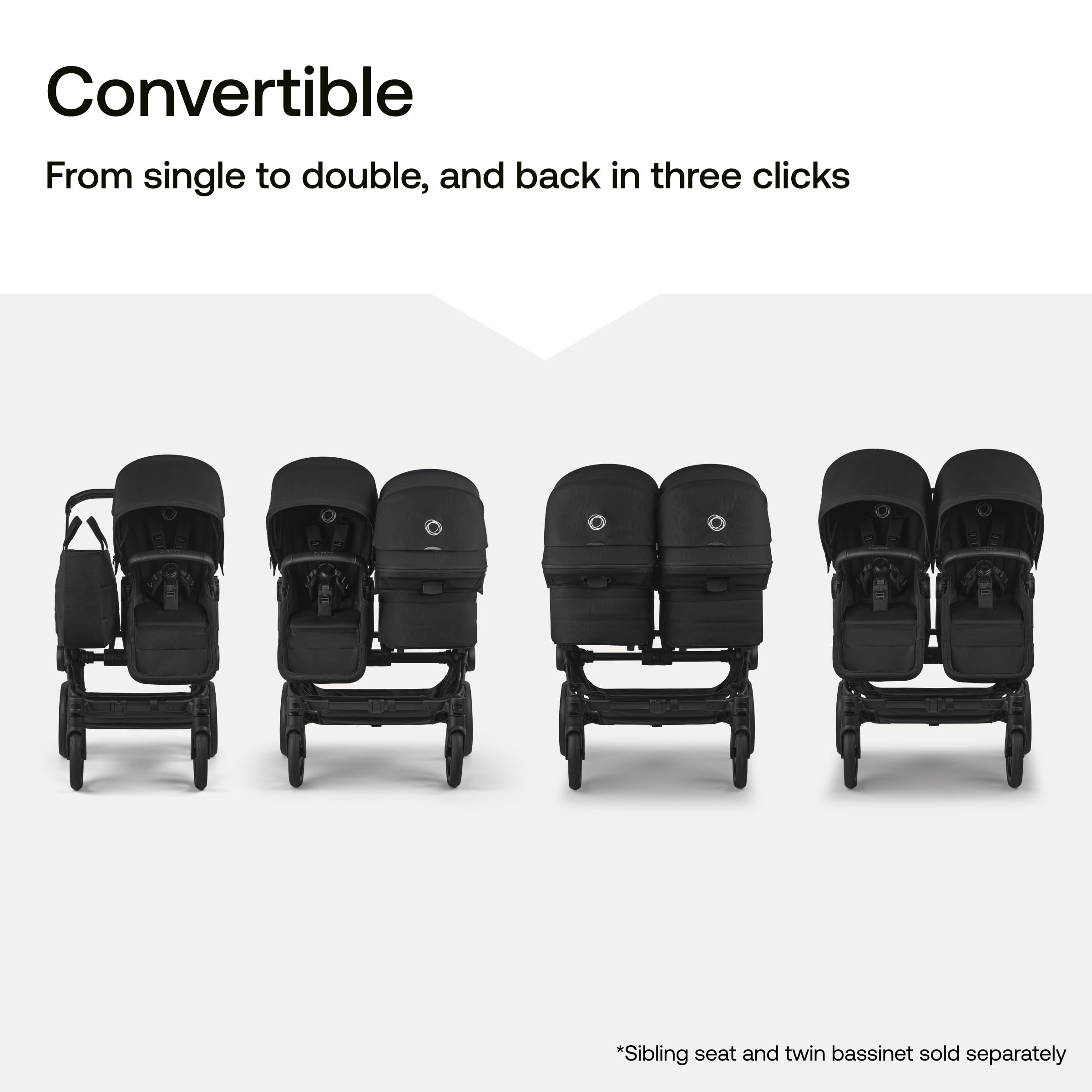 Bugaboo Donkey 6 Sibling Seat – Complete Second Seat Kit for Side-by-Side Double Stroller Conversion, Reversible & Reclining Toddler Seat with Sun Canopy – Moon Grey