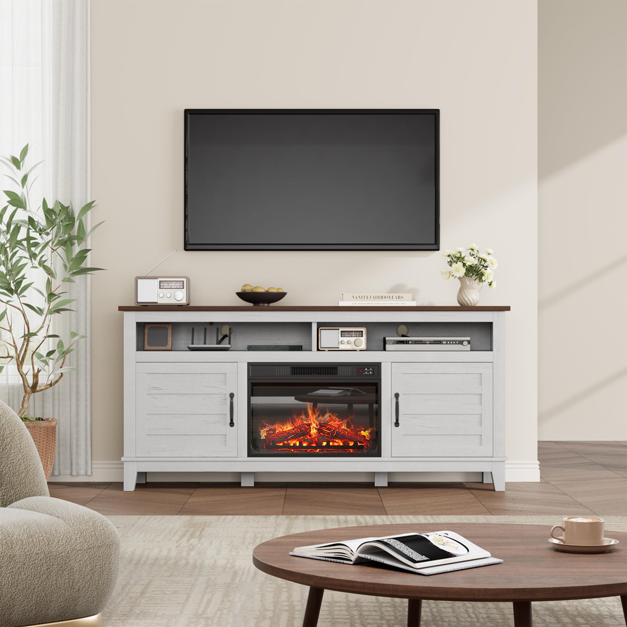 IDEALHOUSE Fireplace TV Stand, Entertainment Center with Fireplace, Farm TV Cabinet with Cupboard Door, Suitable for Living Room and Bedroom