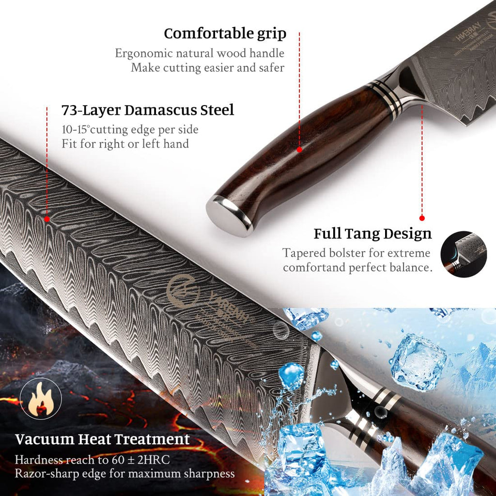 YARENH Kitchen Knife Set with Block, 8 Piece, Sharp Professional Chef Knife, 73 Layers Damascus High Carbon Stainless Steel, Full Tang Sandalwood Handle, Gift Box