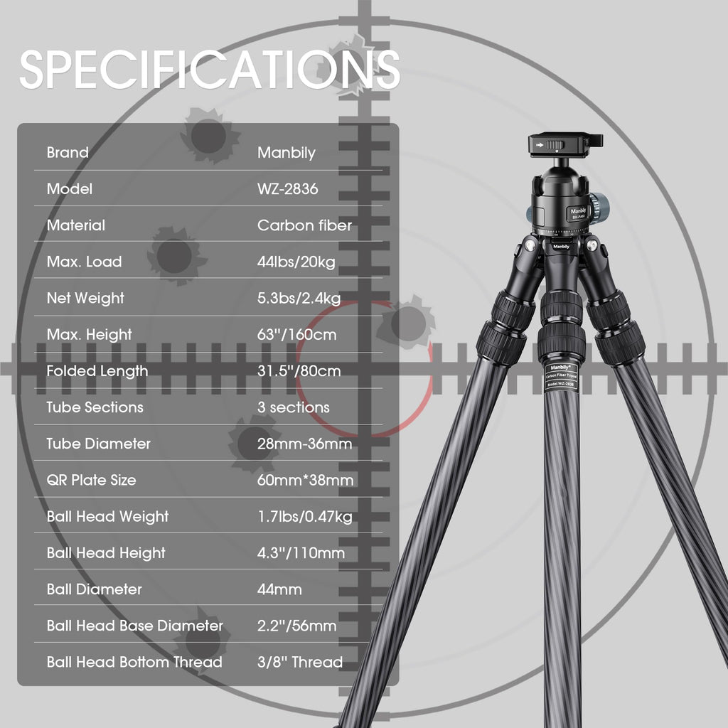 Manbily Carbon Fiber Hunting Tripod with 44mm Ball Head and Arca Swiss & Picatinny Adapters, 63" Heavy Duty Stable Inverted Tripod for Hunting, Shooting, and Outdoors (WZ-2836)