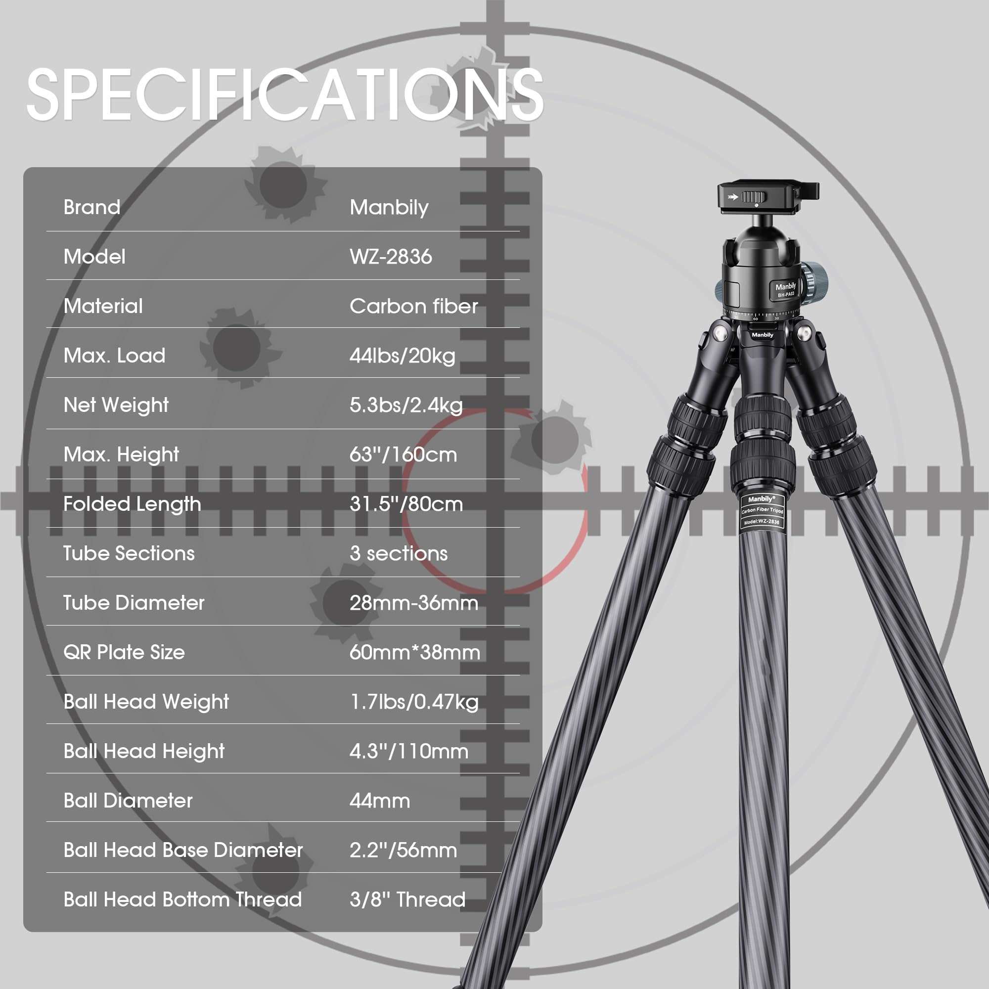 Manbily Carbon Fiber Hunting Tripod with 44mm Ball Head and Arca Swiss & Picatinny Adapters, 63" Heavy Duty Stable Inverted Tripod for Hunting, Shooting, and Outdoors (WZ-2836)