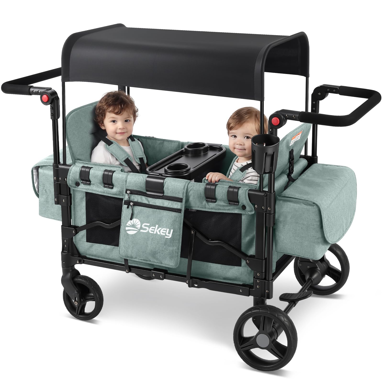 Sekey Wagon Stroller for 2 Kids, Luxury 4-in-1 Stroller Wagon - Premium Quality with Convertible Seats, Adjustable Push Handles, Removable Canopy, Snack Tray & Cooler, US Certified.