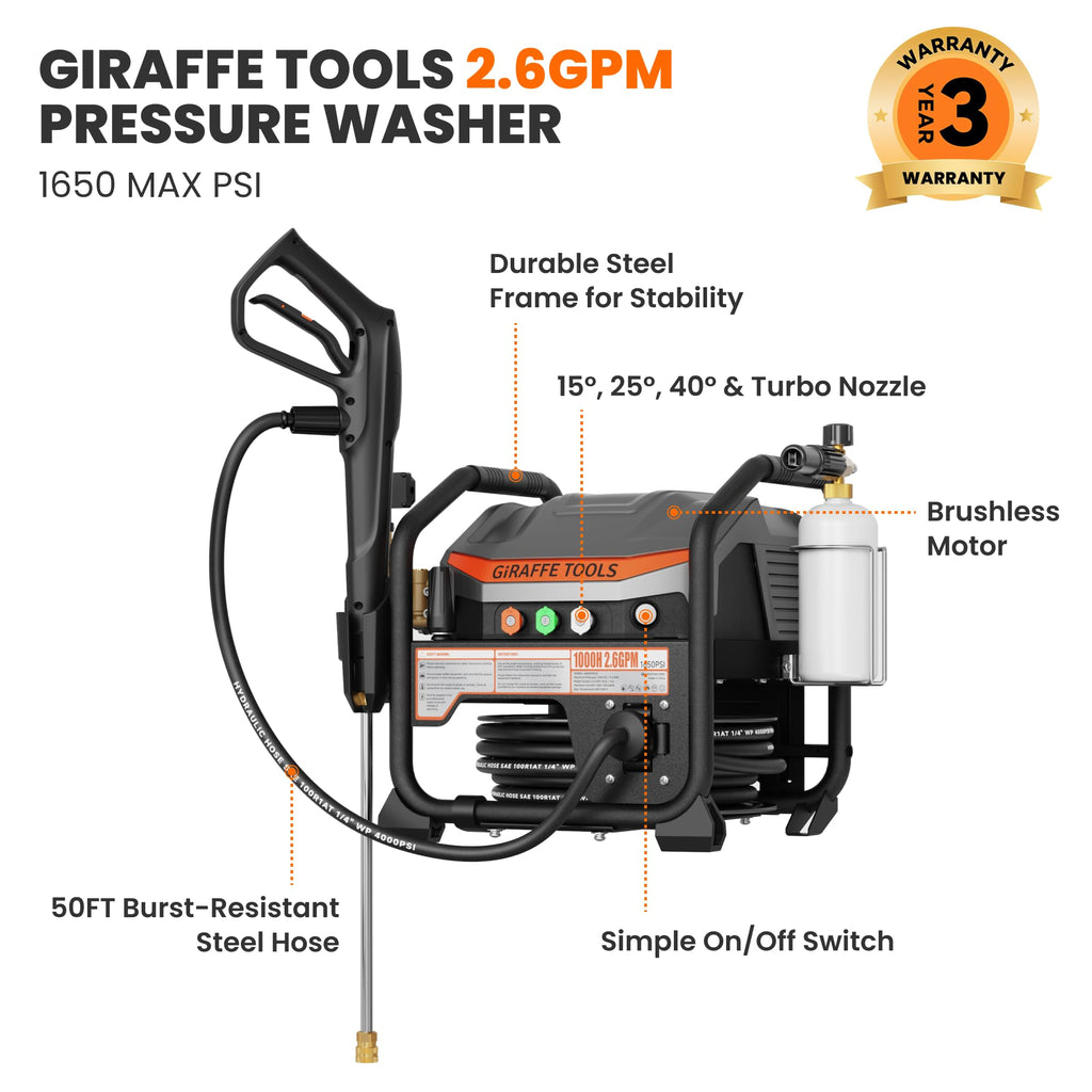 Giraffe Tools Crossfalls Retractable Pressure Washer Ultra, Max 2.6GPM 1650PSI with Brushless Motor, Wall Mount Electric Power Washer with 50ft Pressure Hoses, 4-Nozzle, Foam Cannon, Automatic Rewind
