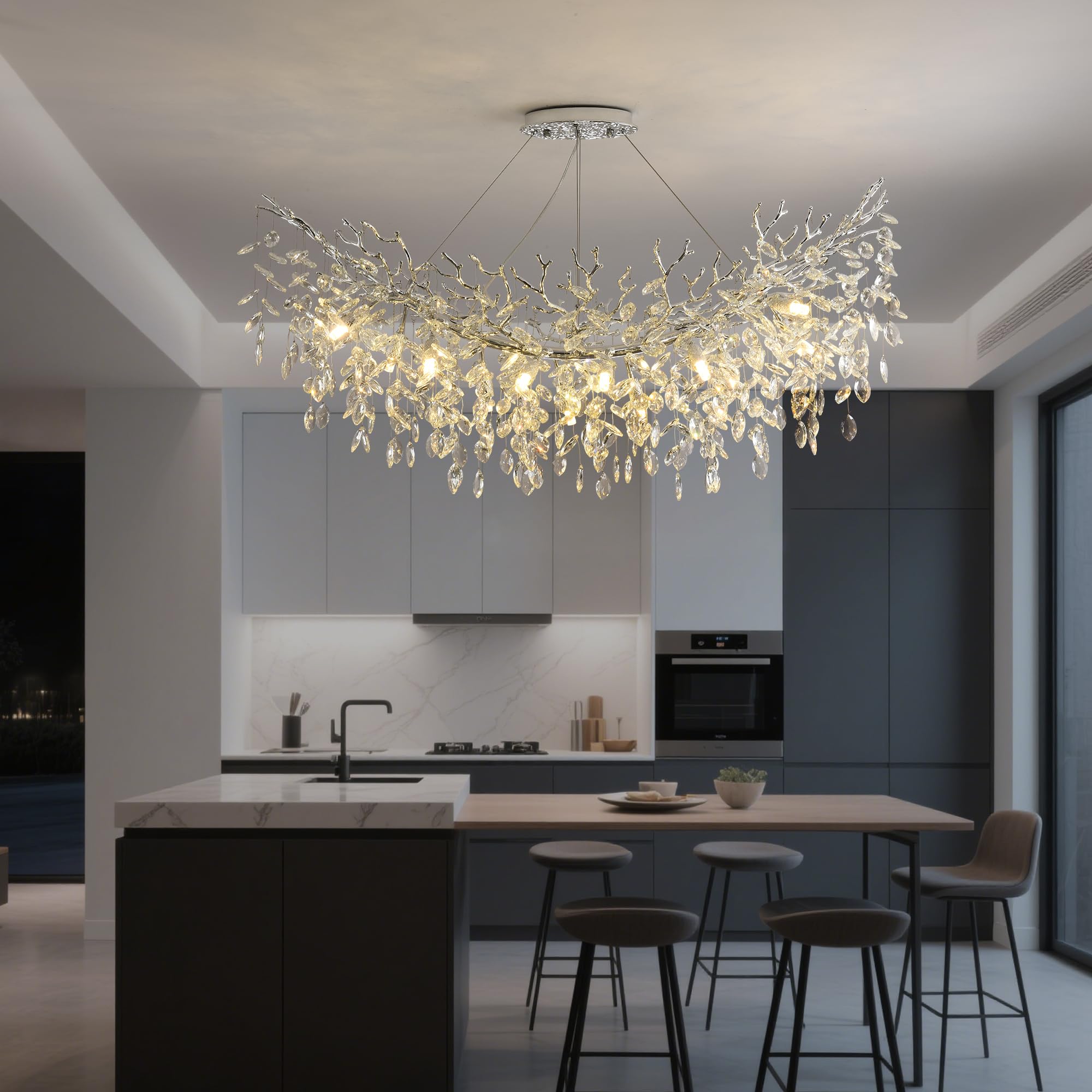 Upfelw Rectangle Crystal Tree Branch Chandelier, L47.3'' Mpdern Luxury Chrome Linear Art Deco Raindrop Pendant Lighting Fixture for Kitchen Island Foyer Living Room Dining Room 14 Lights