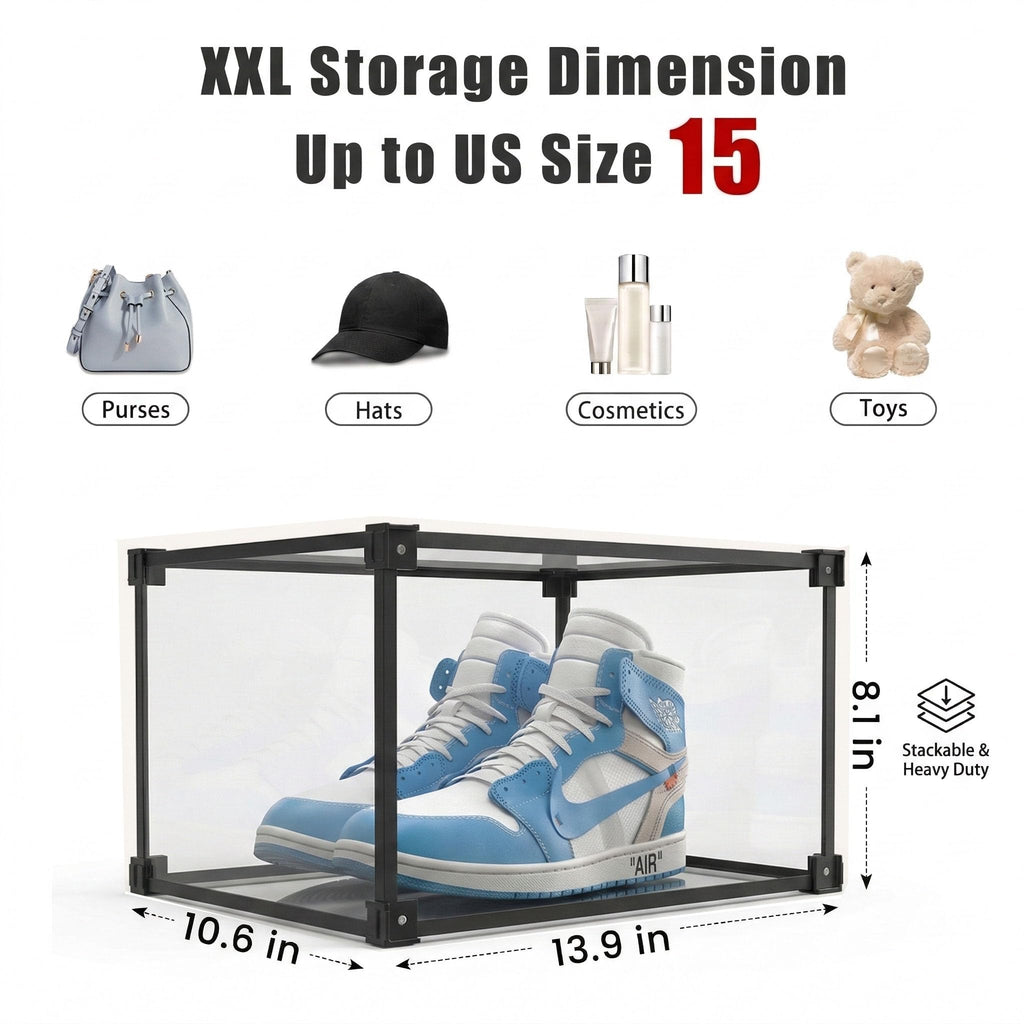 KOKOIN Transparent Plastic Storage Clear Shoe Display Case Box Organizer - Magnetic Side Open, 16PC (Black)
