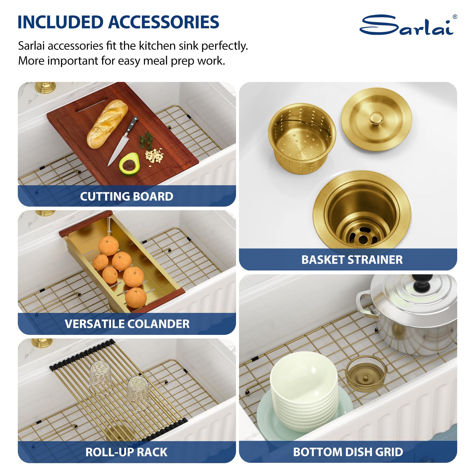 Sarlai White Farmhouse Sink - 33 Inch Farm Kitchen Sink Undermount Workstation Apron Front Reversible Ceramic Fireclay Single Bowl Farmer Sinks Basin 33 x 20 Inch With Gold Accessories