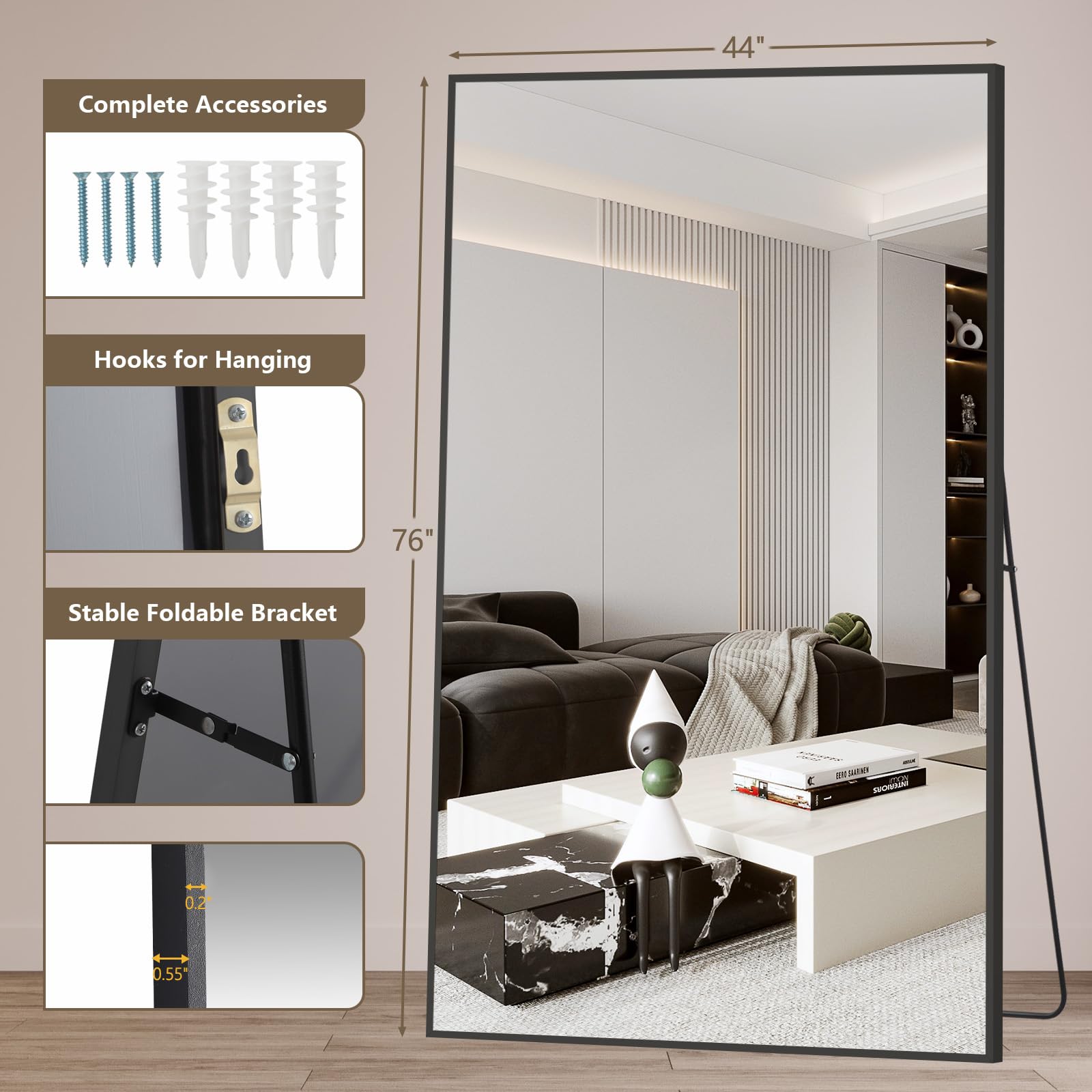Mirrorons 76"x44" Oversized Black Full Length Mirror, Floor Standing or Wall Mounted with Hanging Kit, Shatterproof Tempered Glass Mirror for Living Room, Bedroom, Dressing Room, Gym
