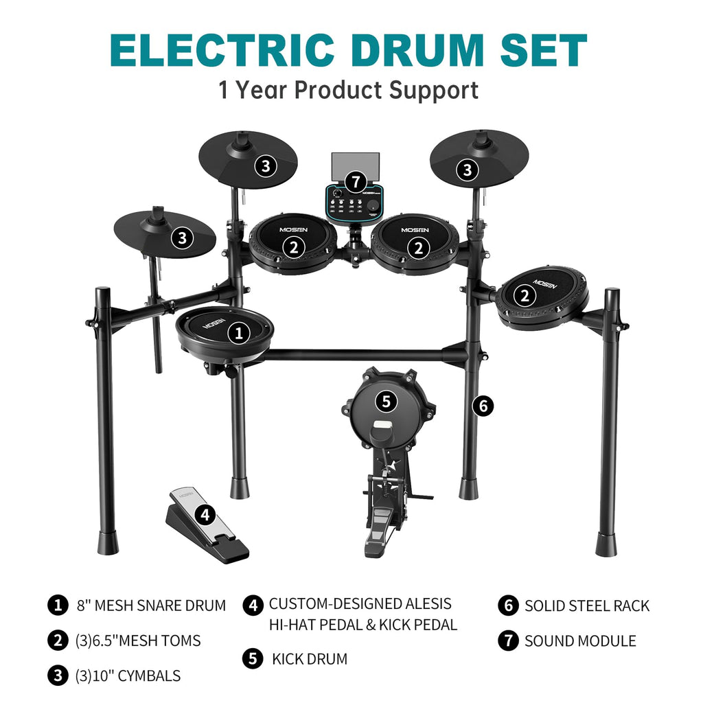 MOSEN MED-X5 Electric Drum Set Mesh Drum Pads, Phone Holder, Sticks, Adjustable cymbals, Kick drum, Headphones, USB MIDI, 260+ Sounds and 30 Drum Kits for Beginner