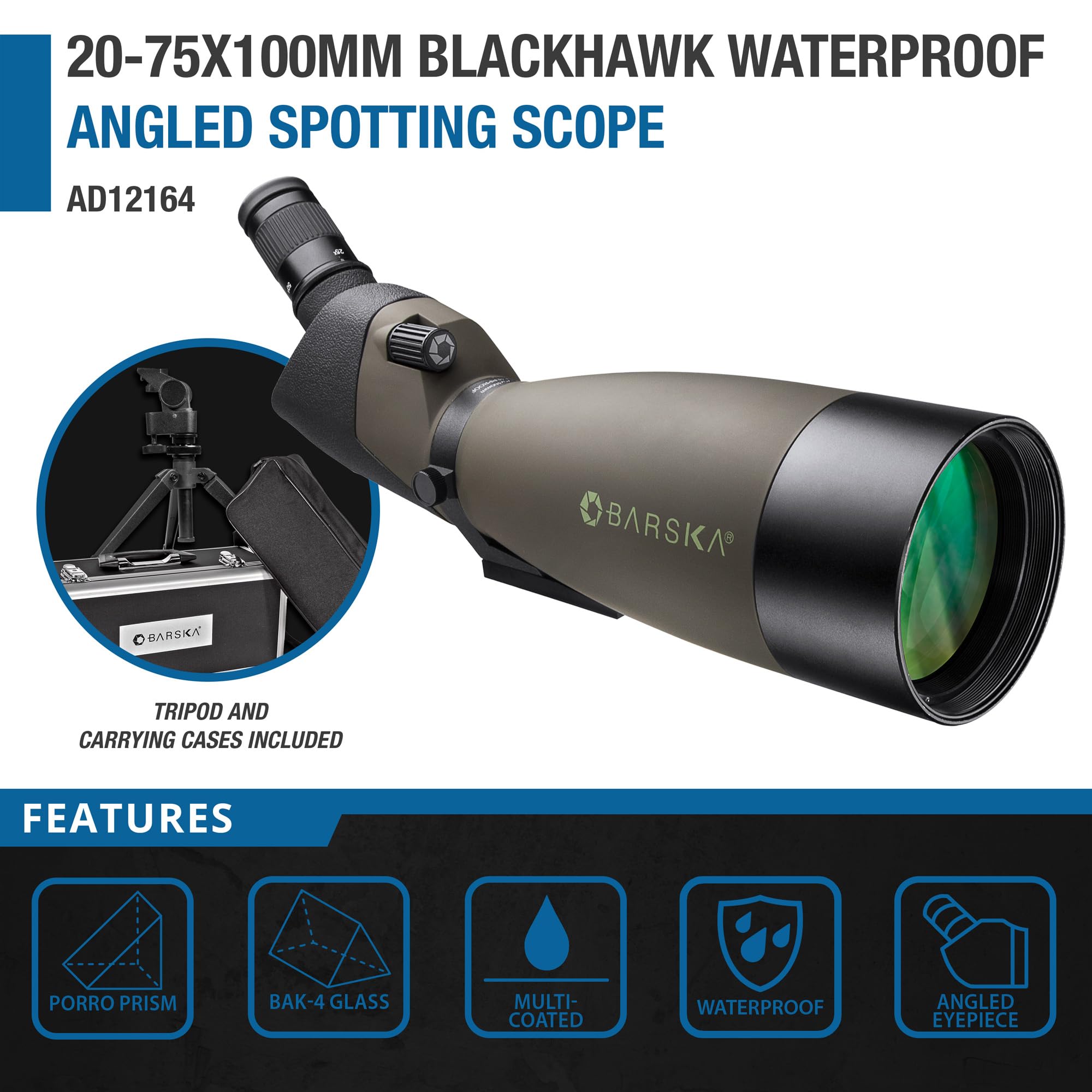 Barska Blackhawk 25-75x100 Angled Spotting Scope – Waterproof, Fogproof, Green Lens, Tripod Included – for Bird Watching, Hunting, Target Shooting, Travel & Outdoor Sports