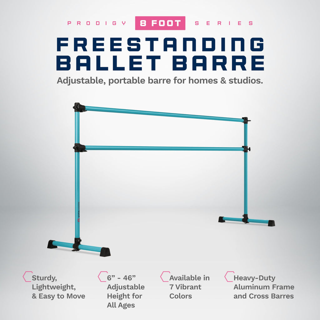 VITA Barre Portable Freestanding Double Ballet Barre, Prodigy, 8 Ft Bars, Teal | Adjustable Height, USA Made, Home or Gym Exercise Equipment for Kids & Adults | Dance, Fitness, Pilates
