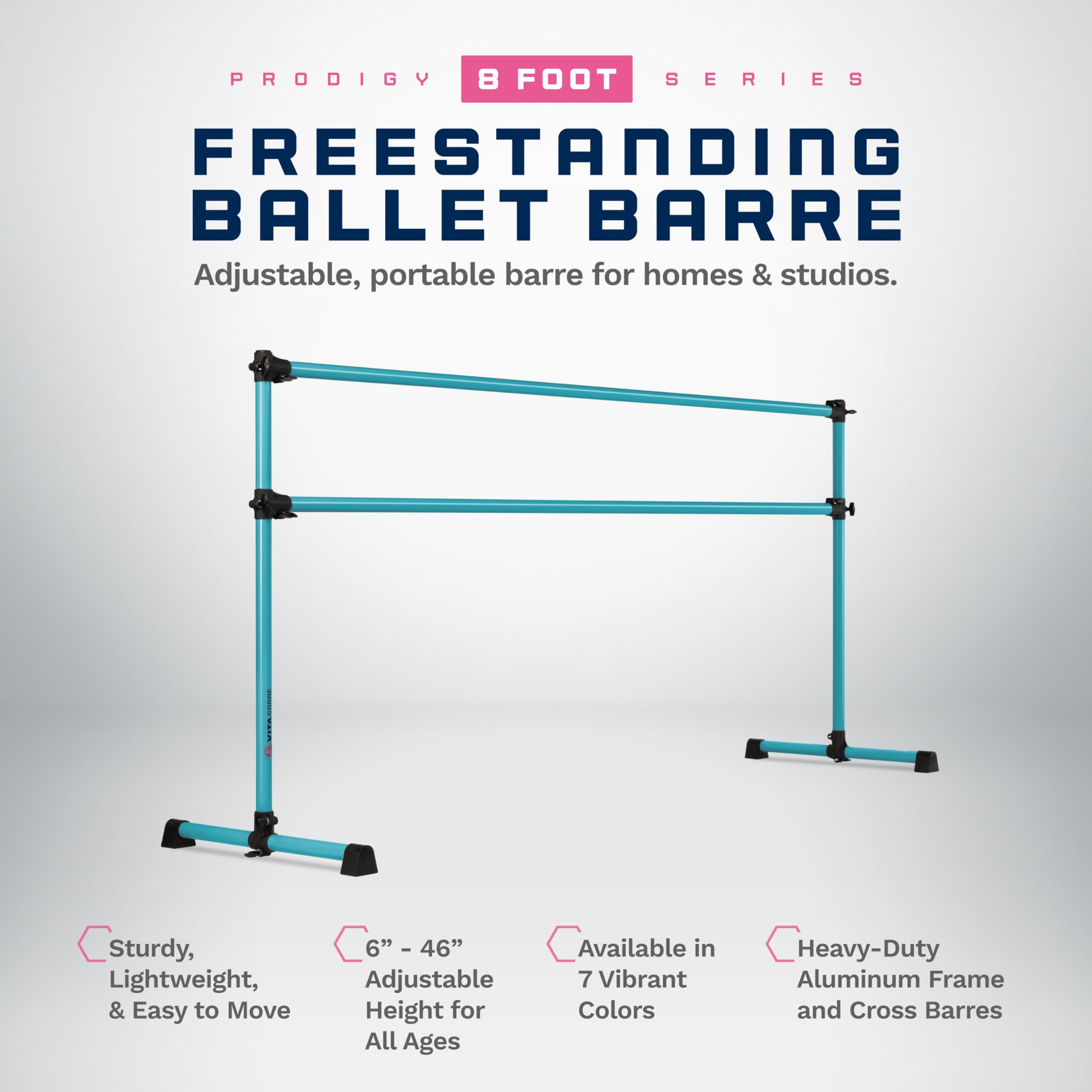VITA Barre Portable Freestanding Double Ballet Barre, Prodigy, 8 Ft Bars, Teal | Adjustable Height, USA Made, Home or Gym Exercise Equipment for Kids & Adults | Dance, Fitness, Pilates