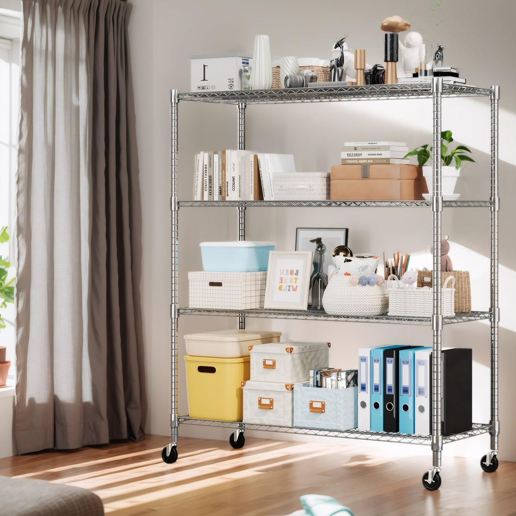 Himimi Storage Shelves 60"W Wire Shelving with Wheels 2600LBS Heavy Duty Metal Shelves for Storage, 4-Tier Adjustable Wire Rack Shelving Garage Shelving Kitchen Storage Shelves 24"Dx60"Wx72"H, Silver