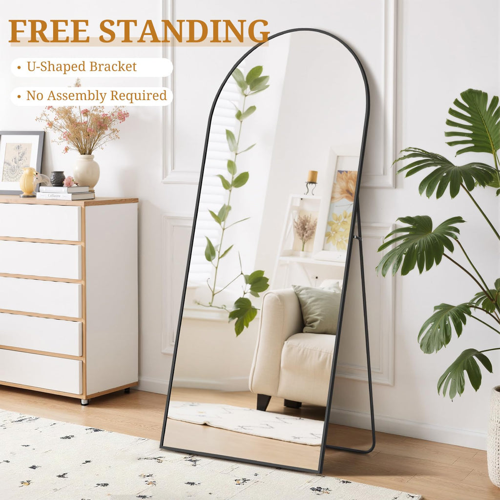 Full Length Mirror 71"x26" Full Body Mirror Arched Free Standing Wall Mounted Leaning Floor Mirrors with Stand Aluminum Alloy Frame for Bedroom Cloakroom, Black