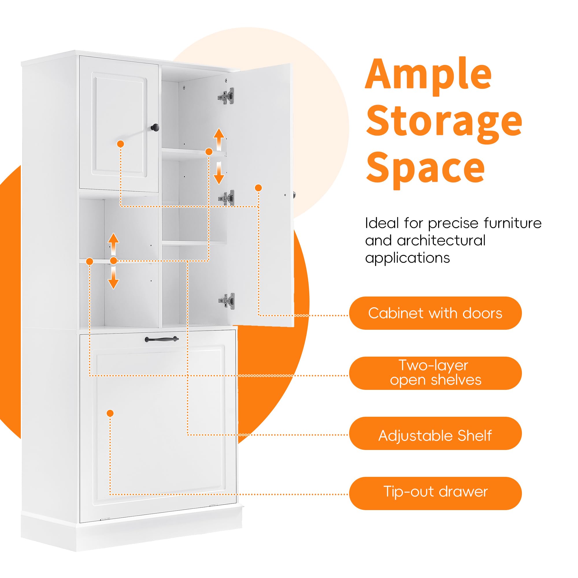 68" Tall Bathroom Storage Cabinet with Two Doors and Tilt-Out Laundry Hamper for Home Display Organizer, Adjustable Shelf, White