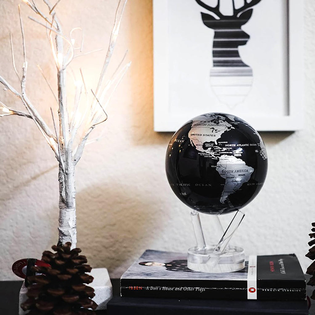 MOVA Globe - Jet Black and Silver Prestige (8.5") | Solar-Powered Rotating Desk Globe with Minimalist Map Design | No Batteries or Cords | Modern Decor Gift