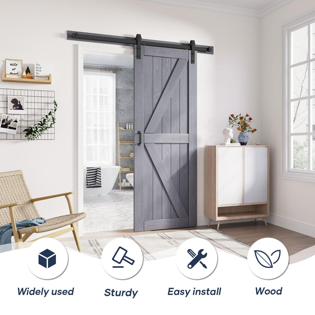 FREDBECK 32in x 84in Gray Wood Barn Door Slab with 5.5ft (66inch) Barn Door Hardware Track Kit Included, Double Surfaces,Simple Assembly is Required,K-Frame,Grey