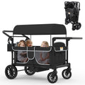 Xilingol 4-Seater Wagon Stroller for Kids, Foldable Outdoor Wagon with Canopy, Adjustable Handle, 5-Point Harness, Detachable Tray & Carry Bag (Black)