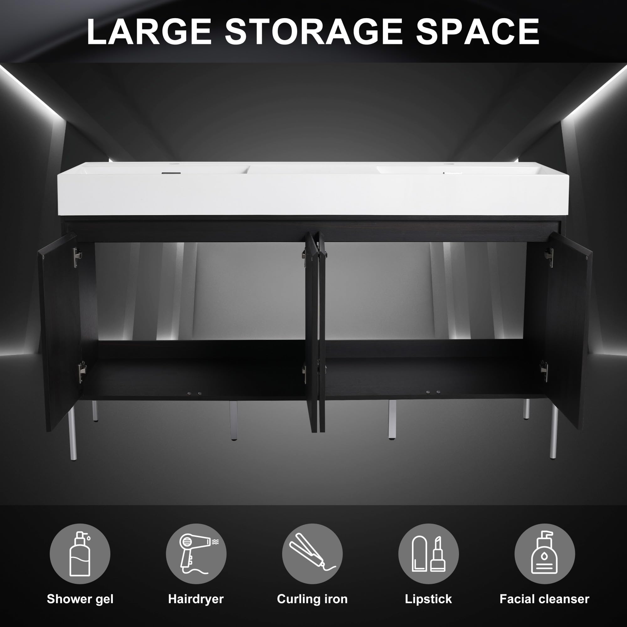 KEIKI 60" Freestanding Bathroom Vanity with Resin Double Sink, Modern Bathroom Storage Cabinet with Soft Closing Doors & Solid Metal Legs, 60 inches Double Sink Bathroom Vanity with 45° Bevel Handle