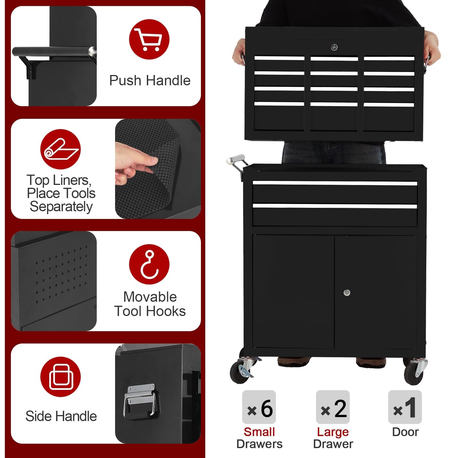 Tool Box with Wheels,24in 8-Drawer Rolling Tool Chest and Organizer for Garage & Workshop, Includes Detachable Top, Lockable Wheels and Sliding Drawers, Essential Tool Chest Cabinet Organizer