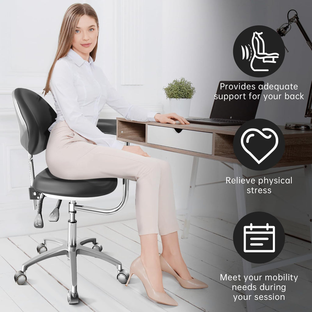 Dental Assistant Chair PU Leather with Swivel Armrests, Rolling Dental Chair, Ergonomic Swivel Dentist's Stool with Backrest for Clinics, Tattoo, Home and Laboratory - Black