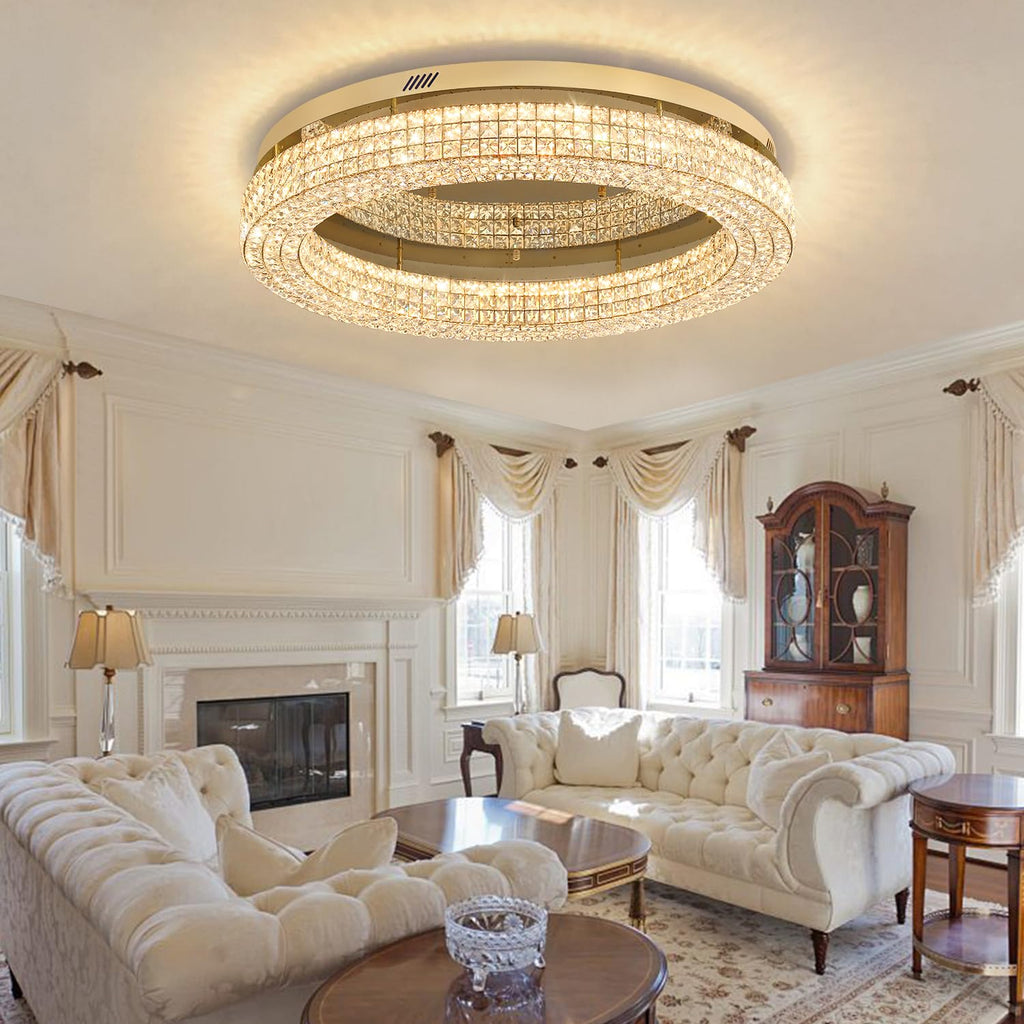 ykolupty 40'' Crystal Chandelier for Living Room Large Chandeliers for Living Room Crystal Flat Mounted Ceiling Lights Dining Room Bedroom Dimmable 2700-6000K (Gold Chandelier)