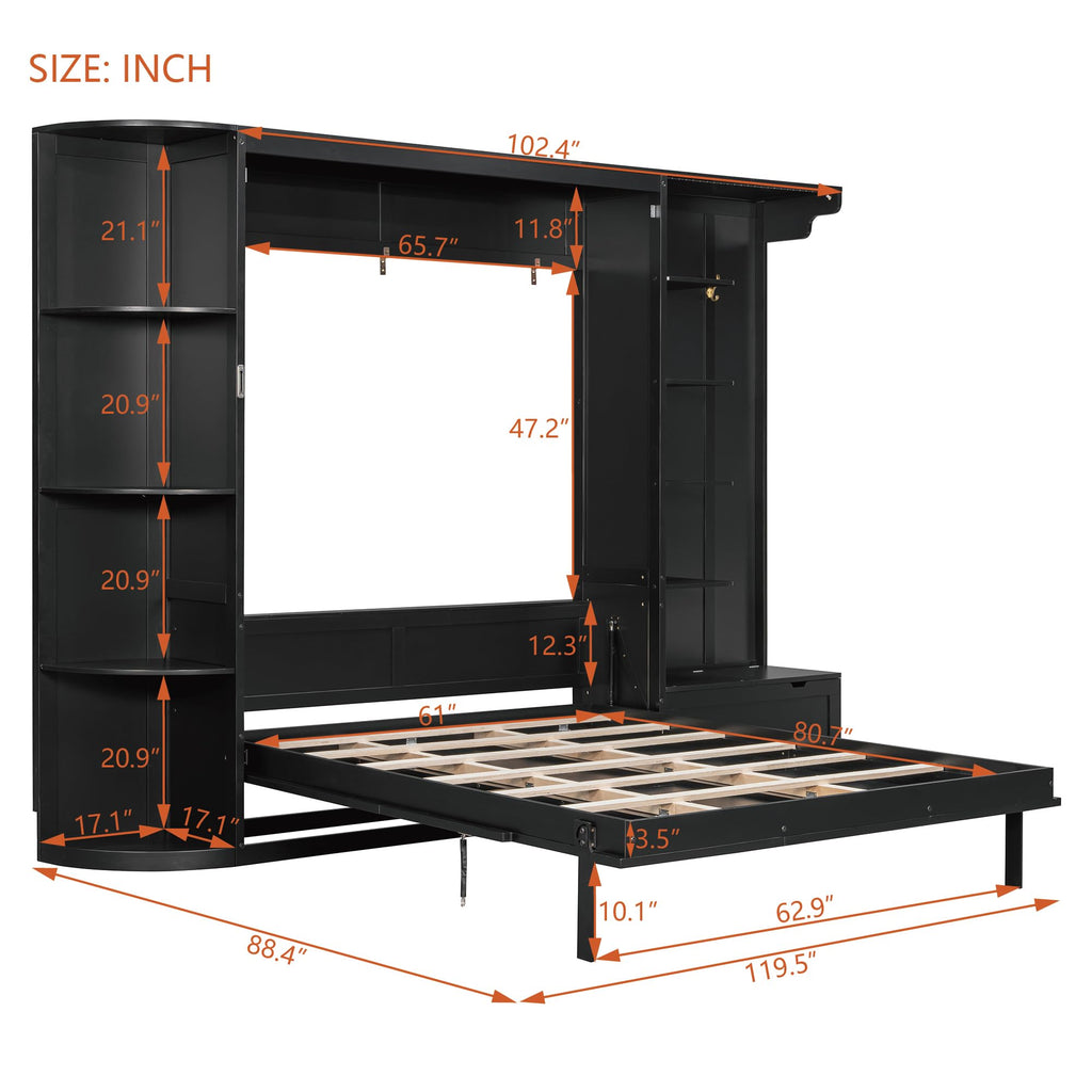 Merax Queen Size Murphy Bed with Storage and Lights, Hidden Fold-Out Legs, Foldable Murphy Cabinet Bed with Hook, Built-in Shelves & Cabinets, Wood Space-Saving Wall Bed for Guest Room Office, Black
