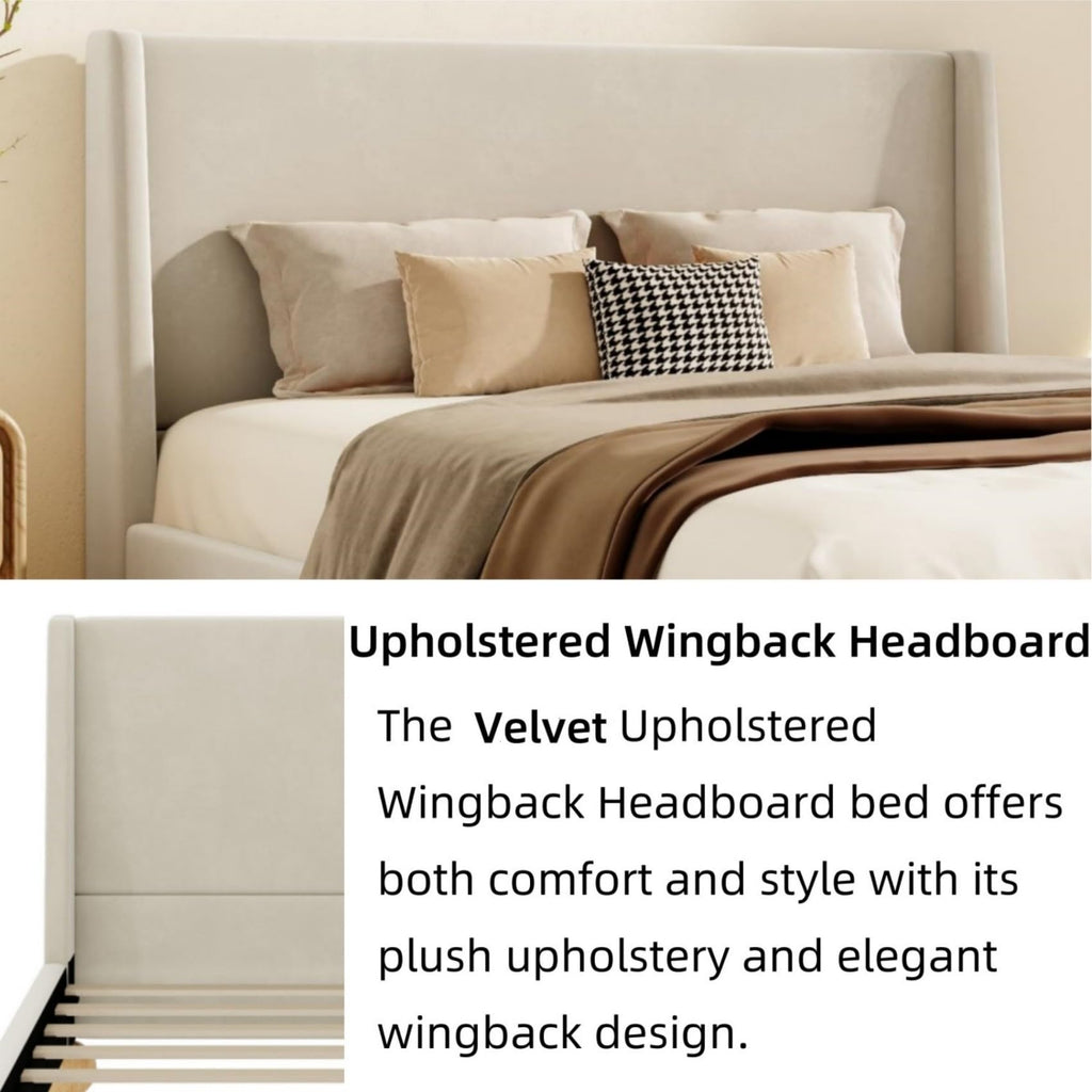 Merax Velvet Queen Size Bed Frame with Wingback Headboard, Solid Wood Upholstered Platform with Round Legs, No Box Spring Needed, Beige
