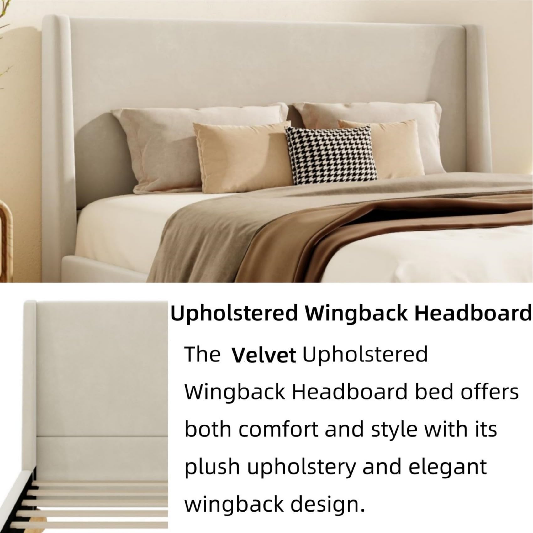 Merax Velvet Queen Size Bed Frame with Wingback Headboard, Solid Wood Upholstered Platform with Round Legs, No Box Spring Needed, Beige