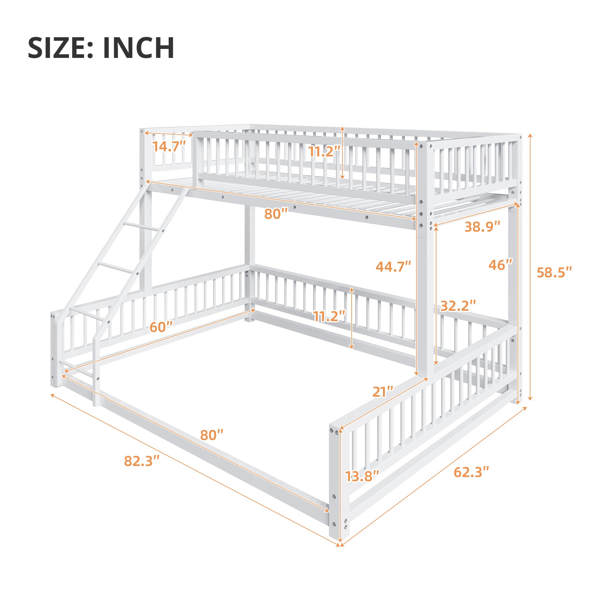 Bellemave Metal Twin XL Over Queen bunk Bed, Floor Twin XL Over Queen Bunk Bed Frame with Ladder and Safety Guardrails, White