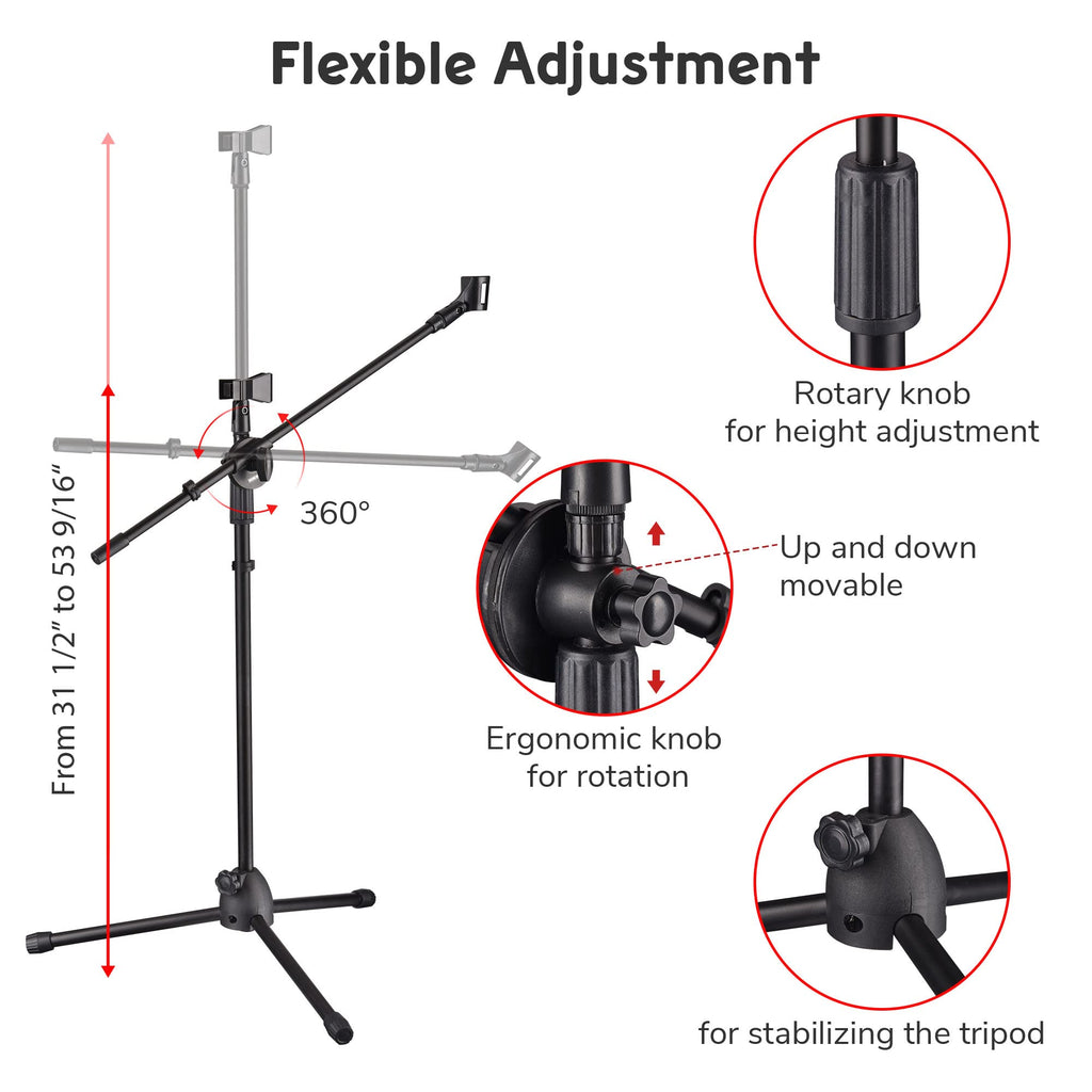 AW 12pcs Boom Mic Stand Floor Adjustable Height Mic Tripod Stand w/ 2 Mic Clip Holder Foldable Microphone Holder for Singing Live Stream Stage Studio