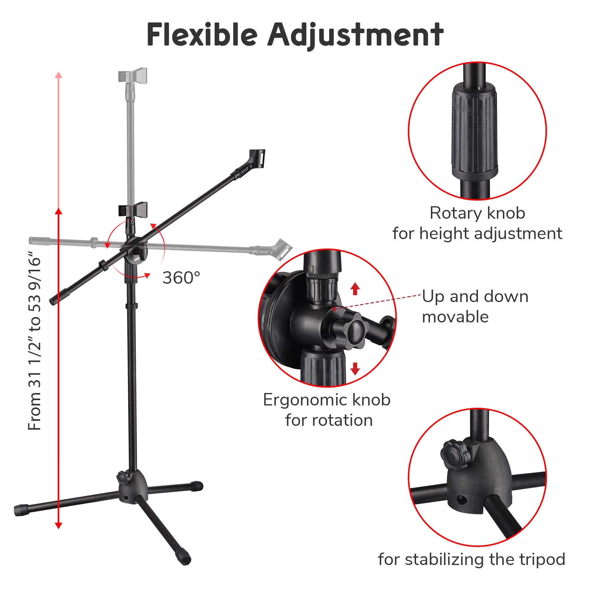 AW 12pcs Boom Mic Stand Floor Adjustable Height Mic Tripod Stand w/ 2 Mic Clip Holder Foldable Microphone Holder for Singing Live Stream Stage Studio