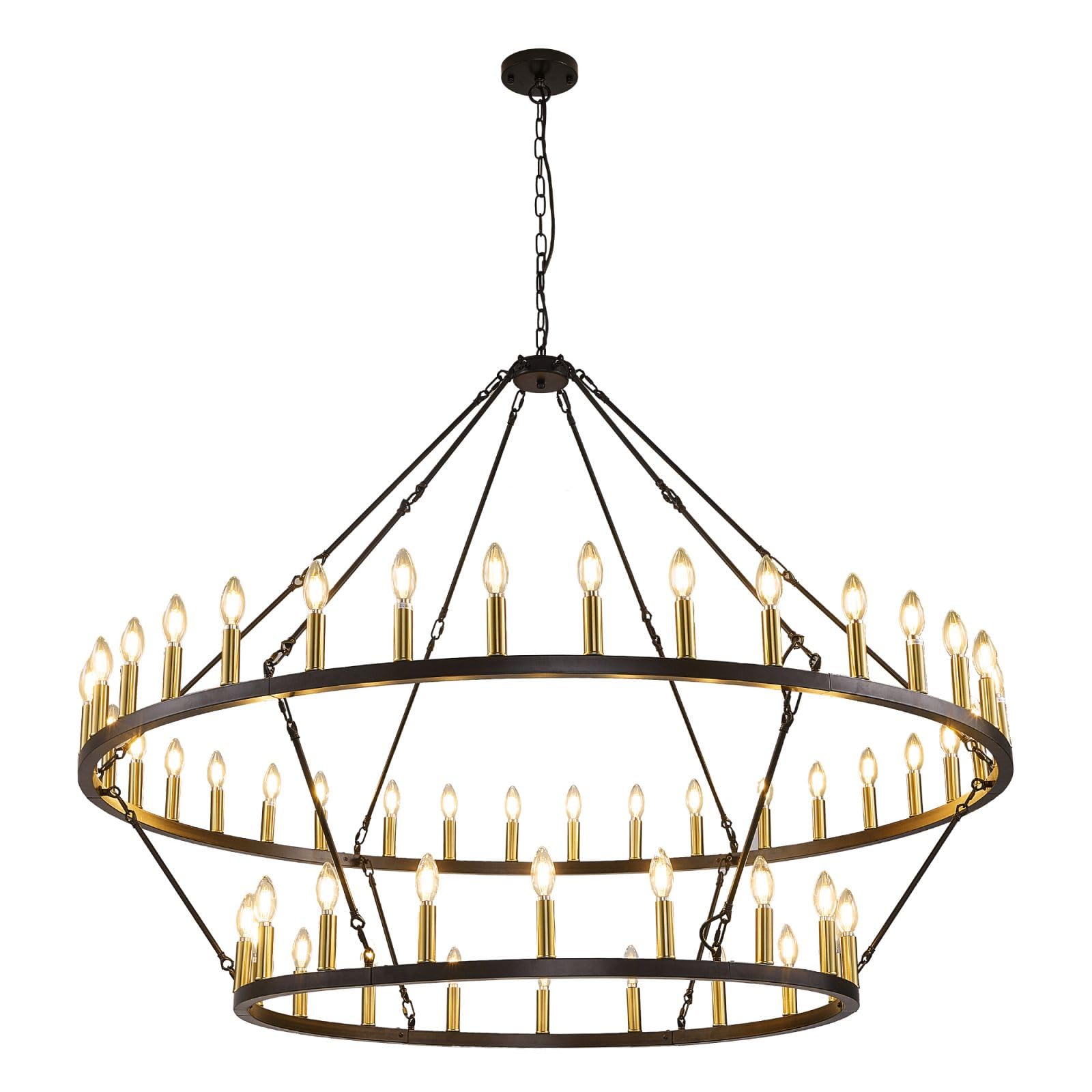 WJShome 60" Wagon Wheel Chandelier, 2 Tiers 54-Light Large Farmhouse Foyer Chandelier for High Ceilings, Round Black and Gold Pendant Light Fixture, for Entryway, Dining Room, Staircase