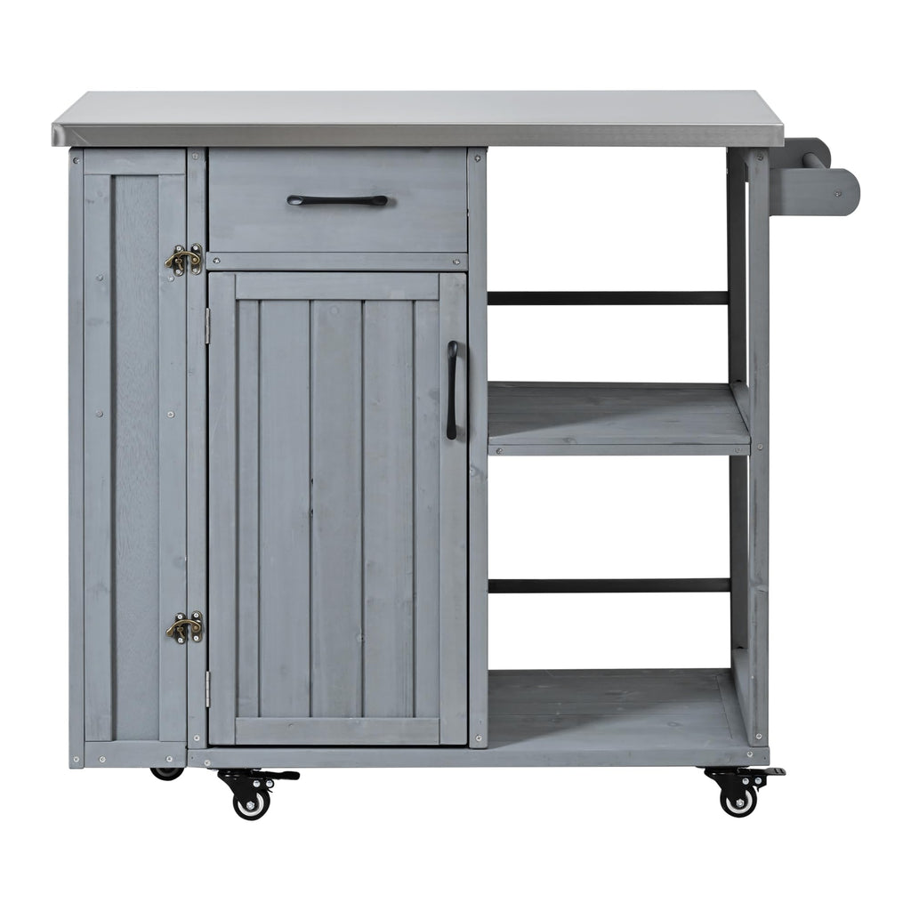 Outdoor Kitchen Island Cart with Stainless Steel Top, Rolling Grill Table with Storage Cabinet Drawer Shelves and Towel Rack, Wooden BBQ Prep Station with Lockable Wheels for Patio Backyard, Grey